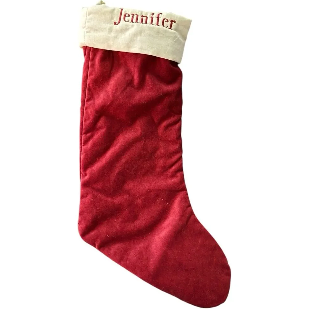 Pottery Barn Classic Jennifer Monogram Red Ivory Velvet Christmas Stocking